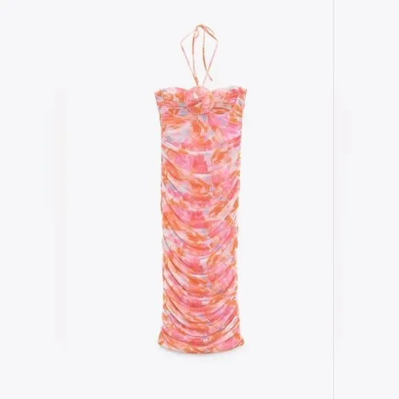 ZARA PRINTED TULLE MIDI DRESS PINK FLORAL - Picture 16 of 17